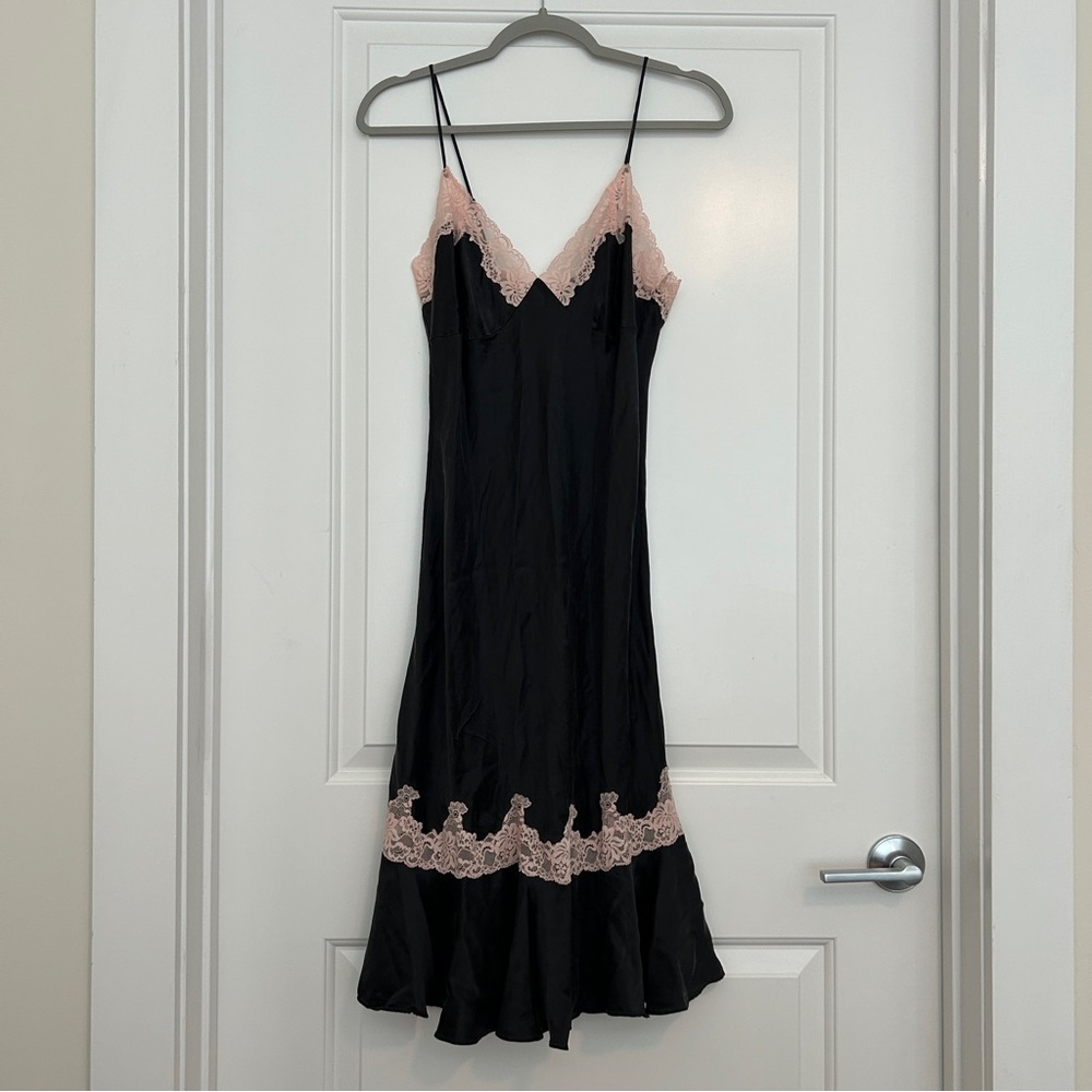 Victoria's Secret 100% Silk Black and Pink Lace Slip Nightgown